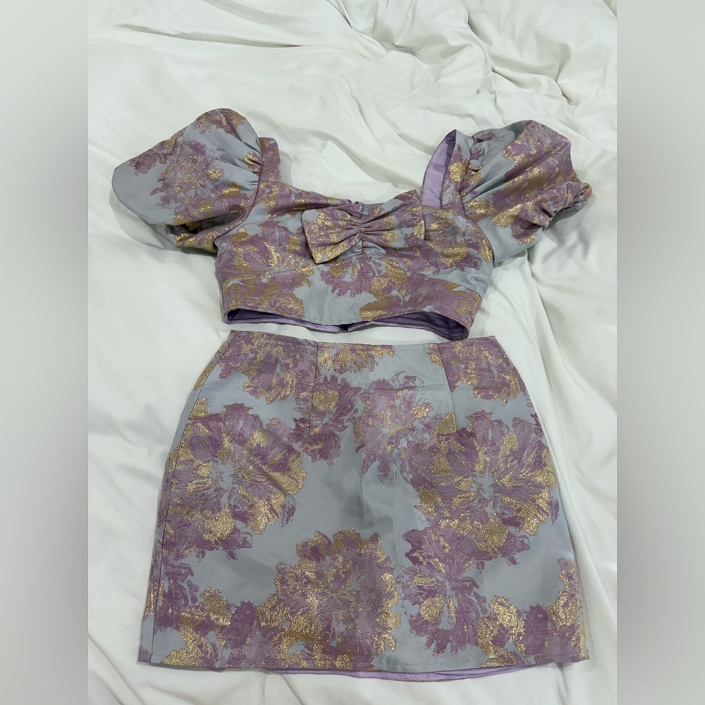 SHEIN Purple and Gold Two Piece Set Puff Sleeve Top with Mini Skirt